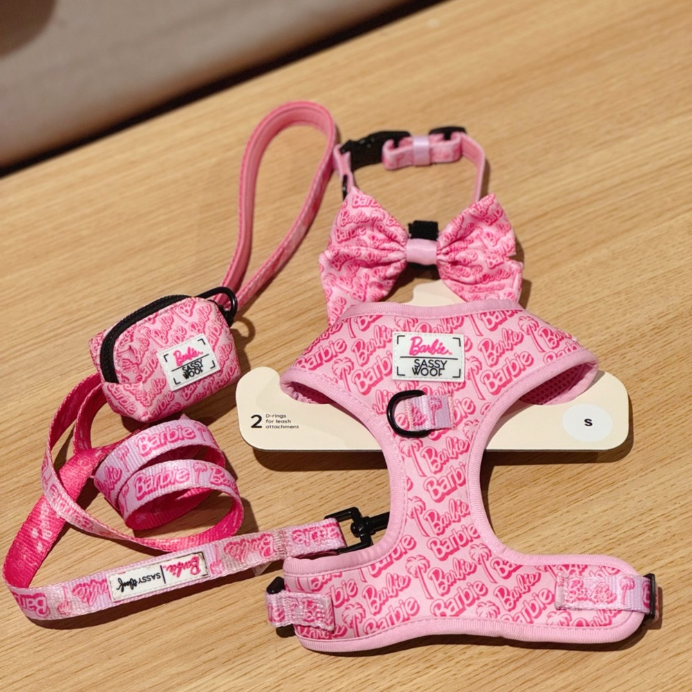 Sassy Woof Pink Barbie Malibu Adjustable Dog Harness Walk Kit Set of 5 Bundle